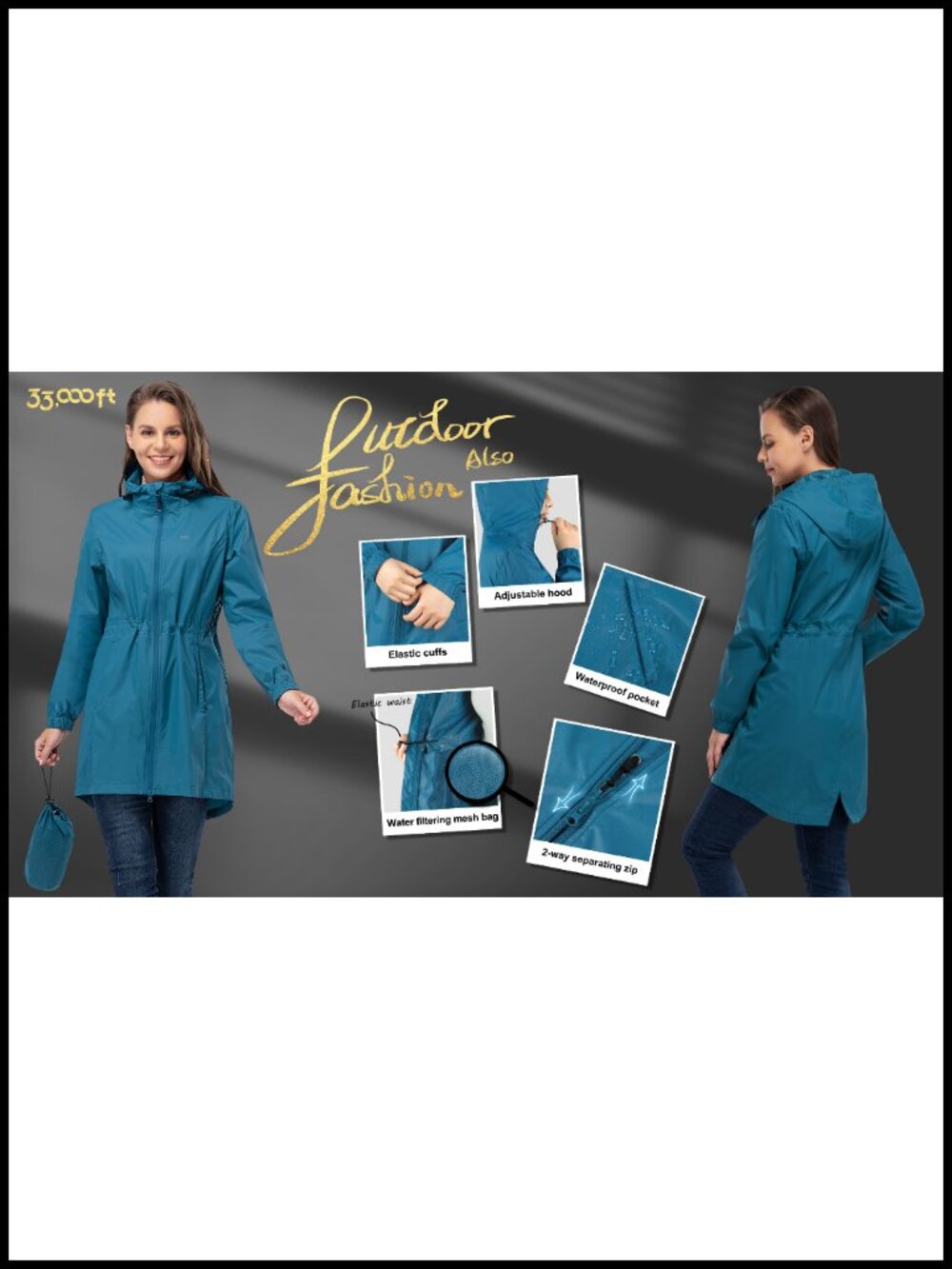 Waterproof Long Rain Coat Packable Lightweight Hooded Jacket - Picture 6 of 6